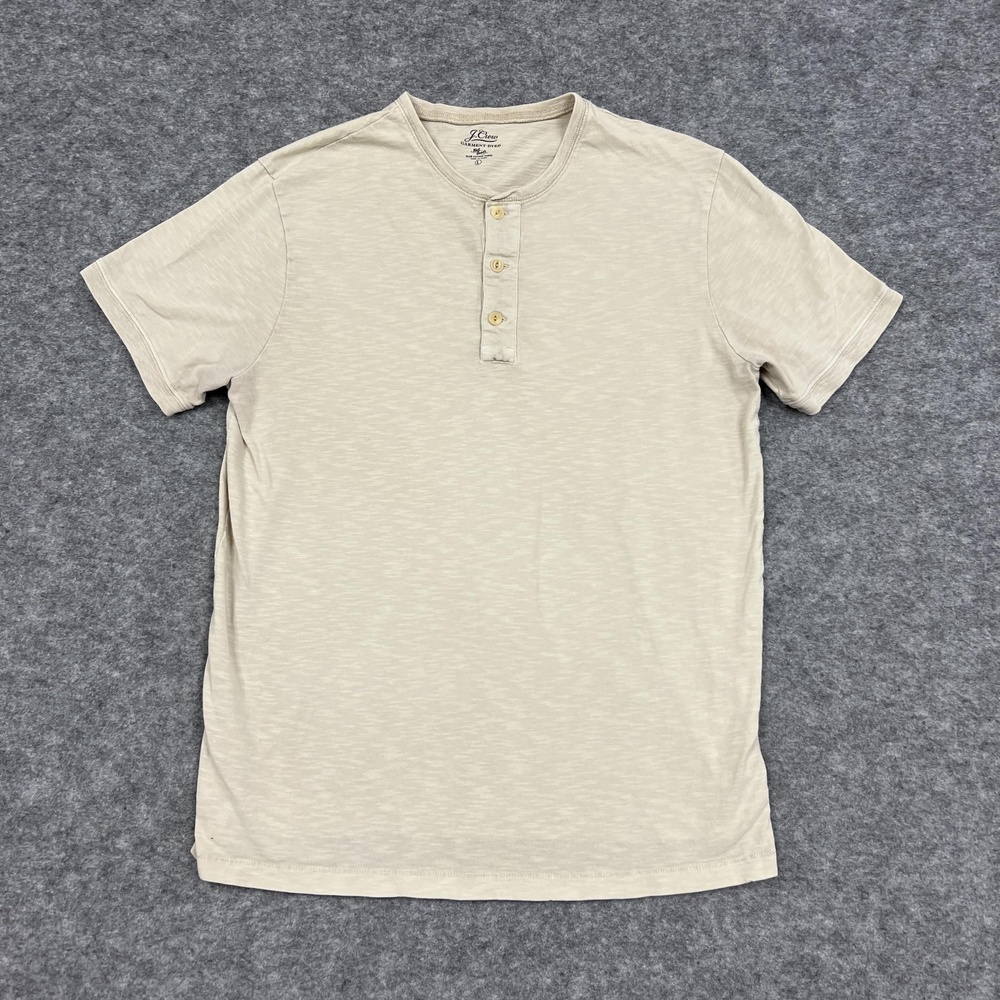 J CREW Shirt Mens L Beige Henley Short Sleeve Slub Cotton Garment Dyed Casual